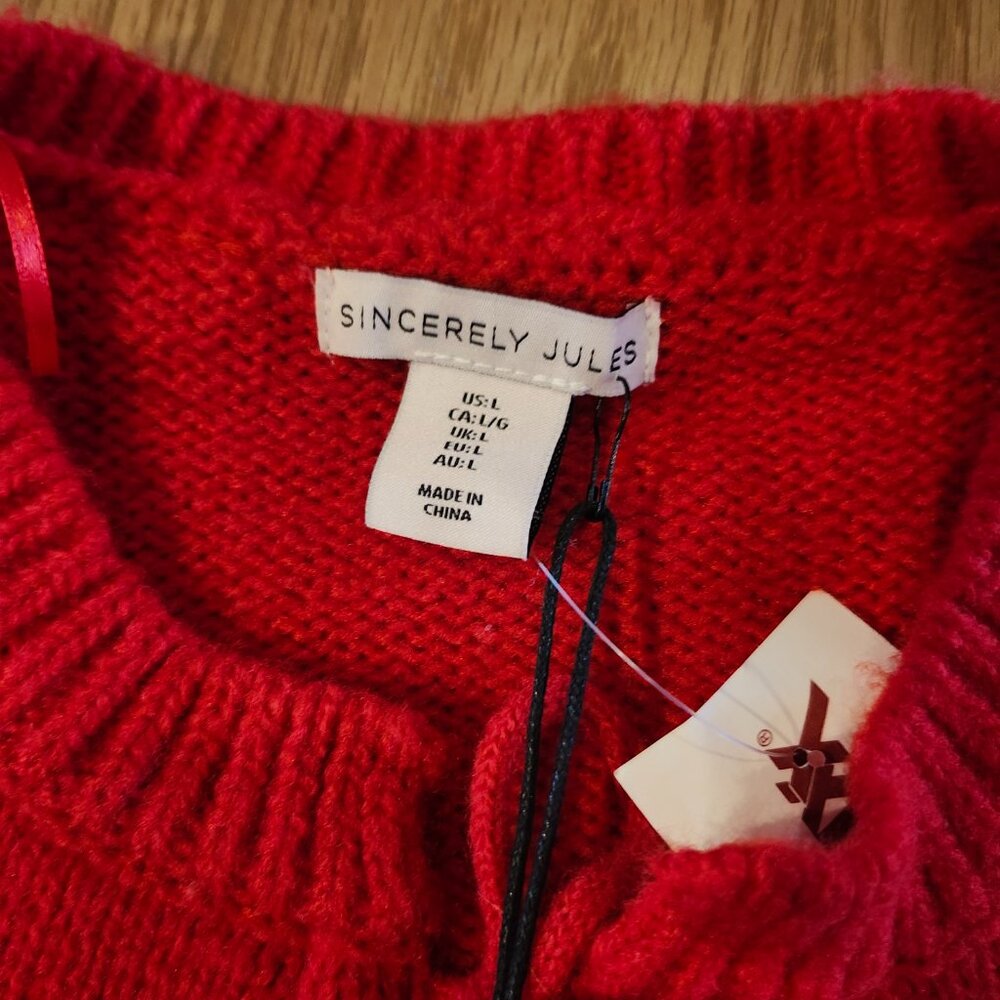 NWT Sincerely Jules Women Knit Cardigan Red Heart Print Tie Front – Size L - Picture 4 of 11